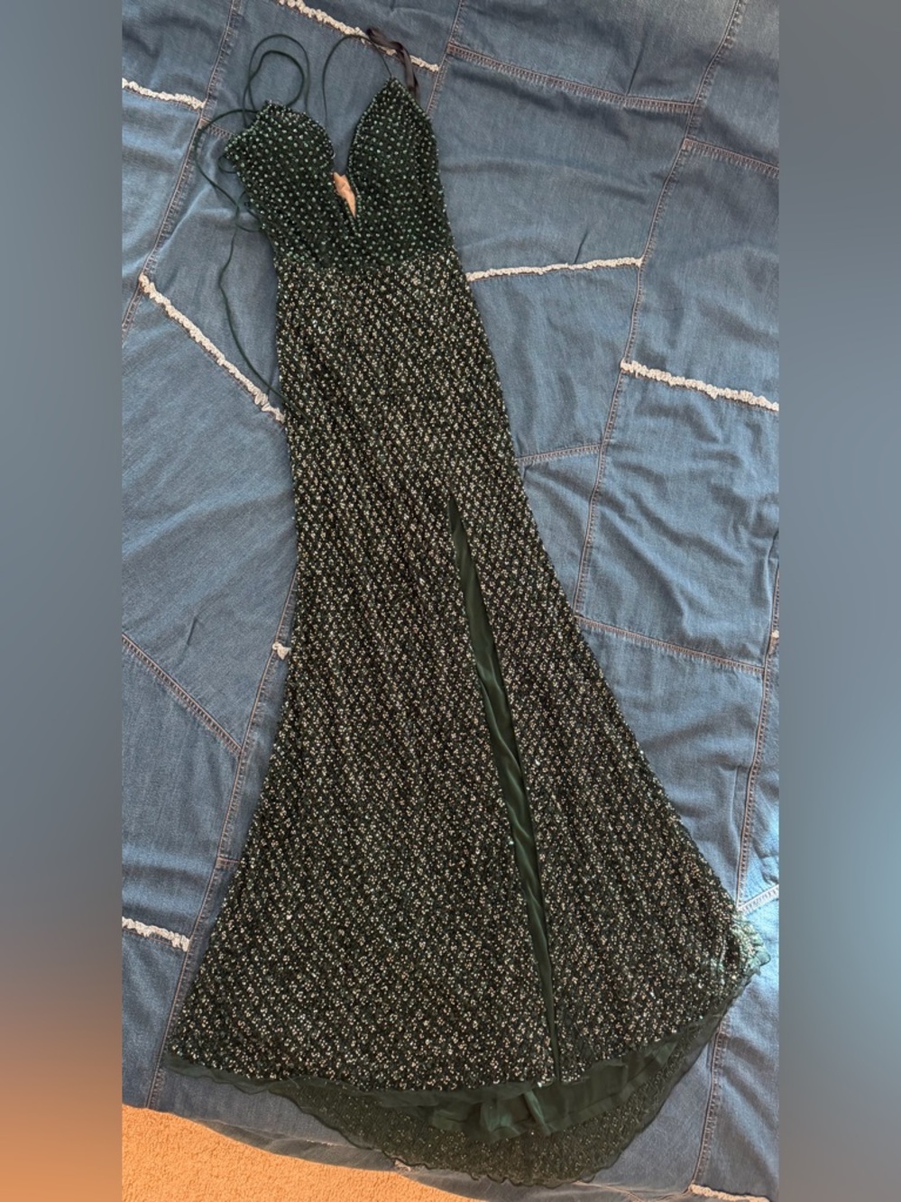 Primavera Couture Dark Green and Gold Beaded Maxi Dress